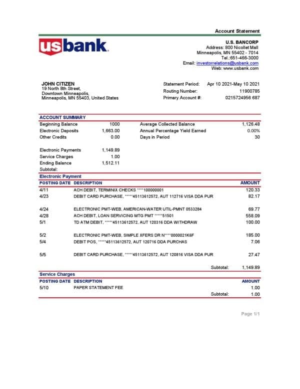 USA Bancorp bank statement easy to fill template in .xls and .pdf file format