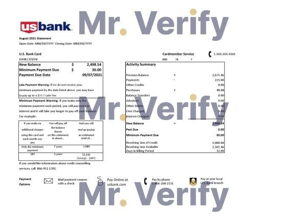 USA U.S. bank credit card statement template in .xls and .pdf file format