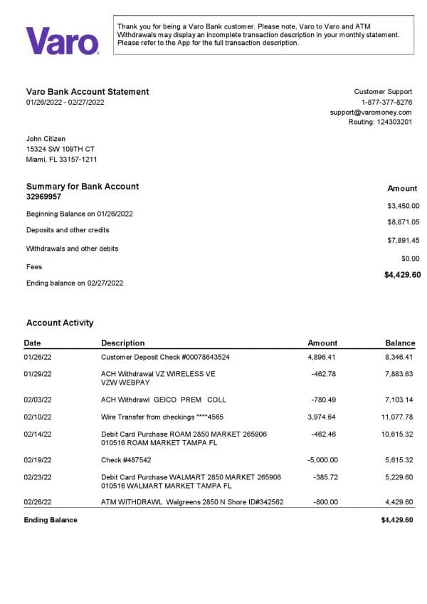 USA Varo bank statement, Word and PDF template, 2 pages, version 2