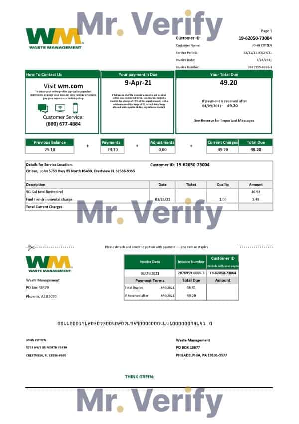 USA Waste Management bank statement template in Excel and PDF format