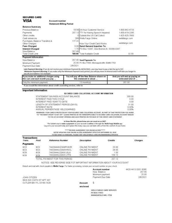 USA Wells Fargo bank credit card statement template in Excel and PDF format