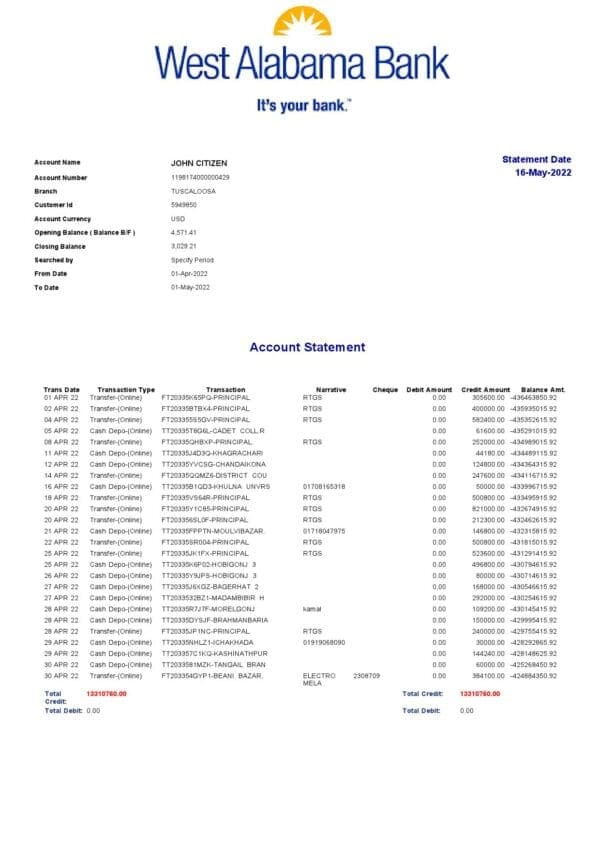 USA West Alabama bank statement Word and PDF template