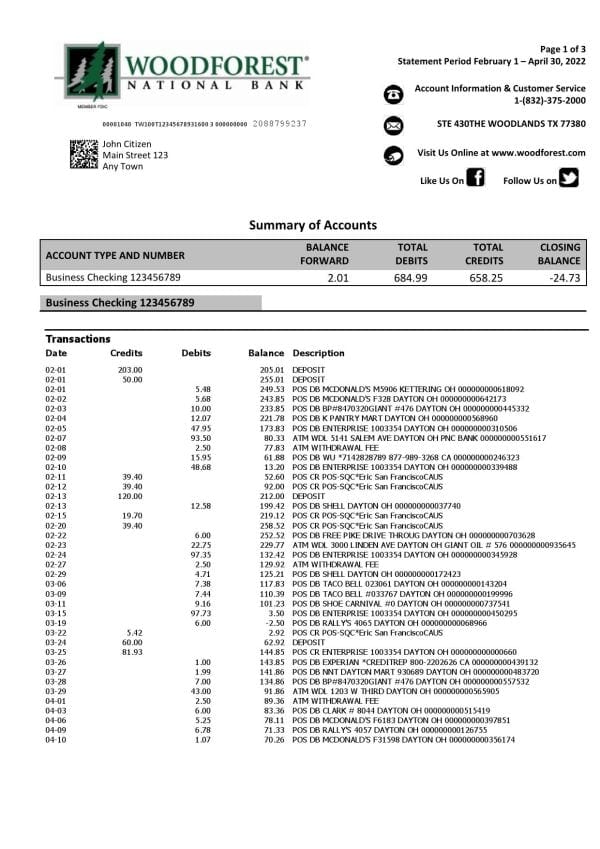 USA Woodforest bank statement Word and PDF template, 3 pages