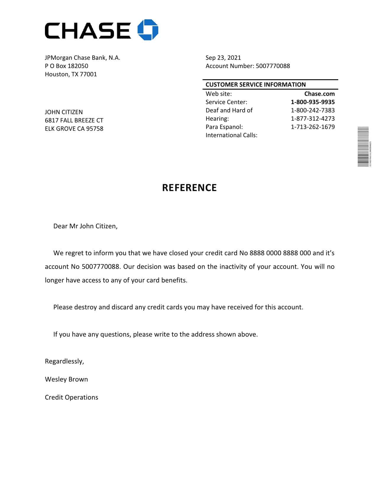 USA Chase bank account closure reference letter template in Word and PDF format USA Chase bank account closure reference letter template in Word and PDF format