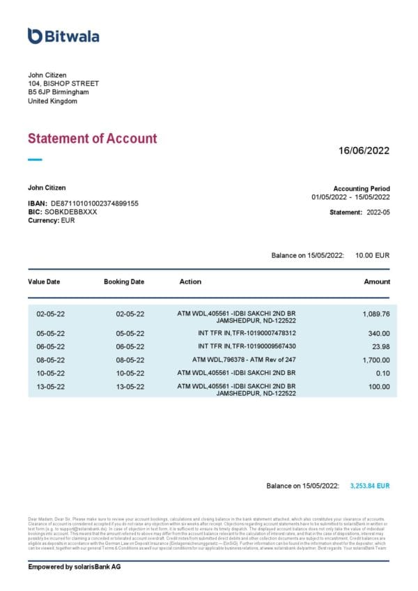 United Kingdom Bitwala bank statement, Word and PDF template