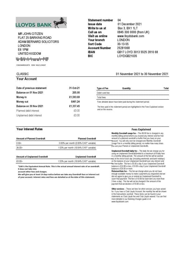 United Kingdom Lloyds bank statement template in Excel and PDF format (2 pages)