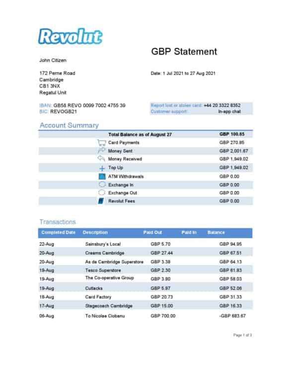 United Kingdom Revolut Bank statement easy to fill template in Excel and PDF format (3 pages)