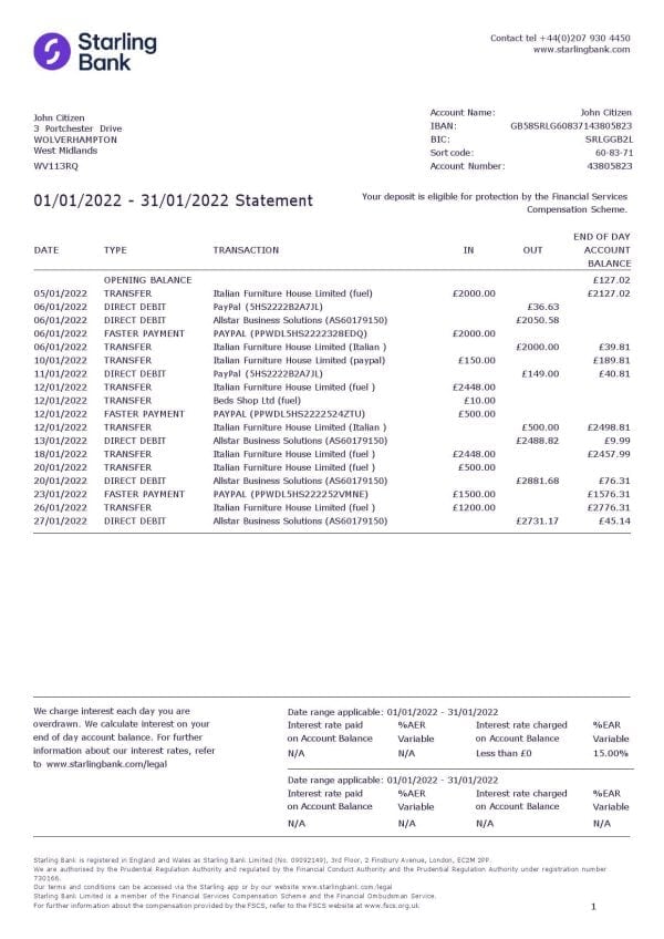 United Kingdom Starling Word and PDF template, version 2
