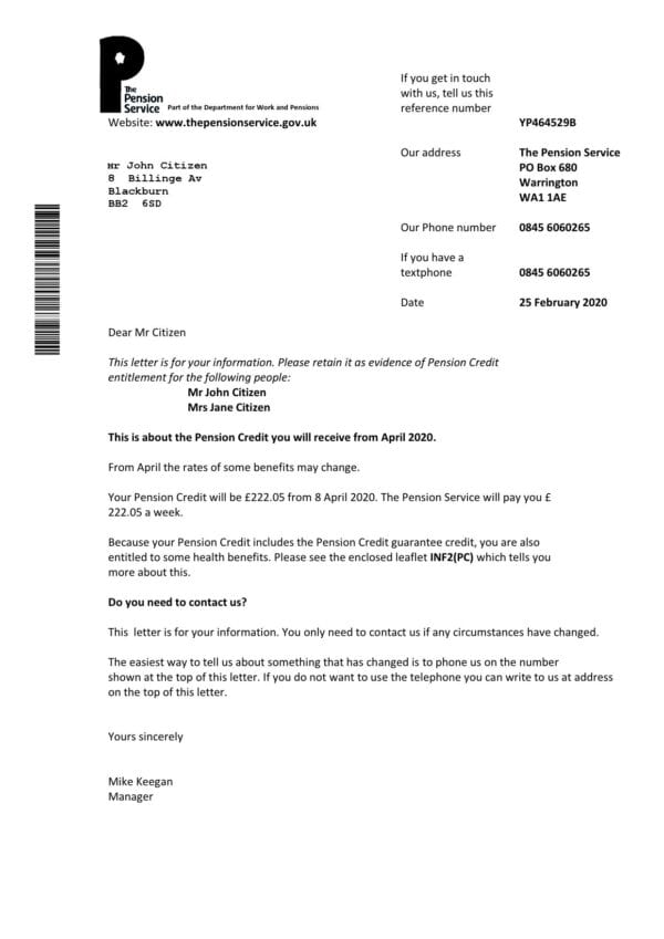United Kingdom The Pension Service bank proof of address statement template in Word and PDF format