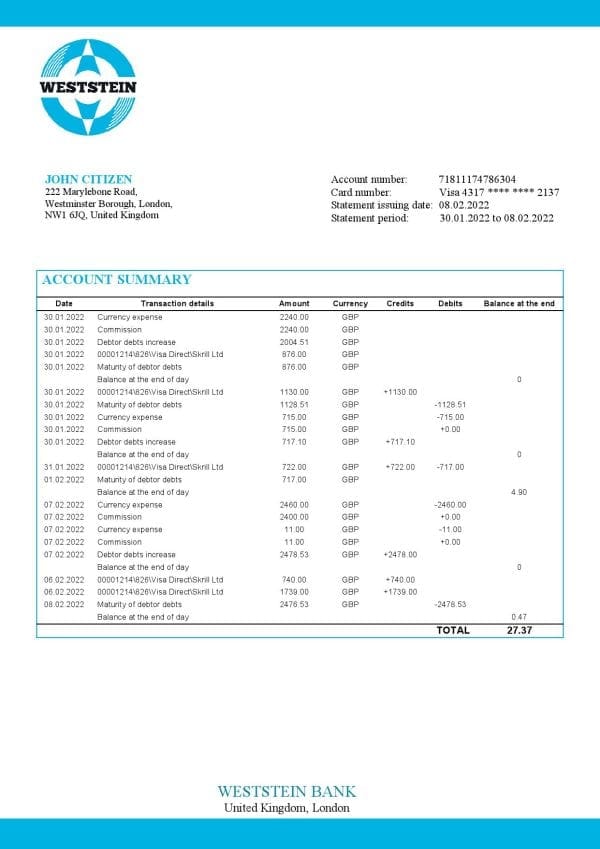 United Kingdom WestStein Bank statement template in Word and PDF format
