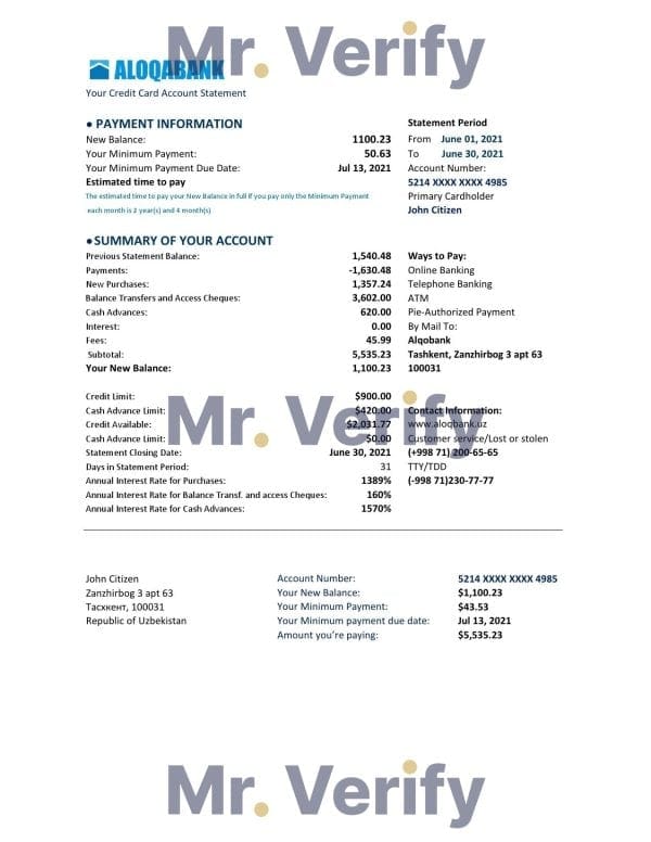 Uzbekistan Aloqabank Bank statement easy to fill template in .xls and .pdf file format