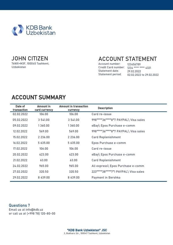 Uzbekistan KDB Bank statement template in Word and PDF format