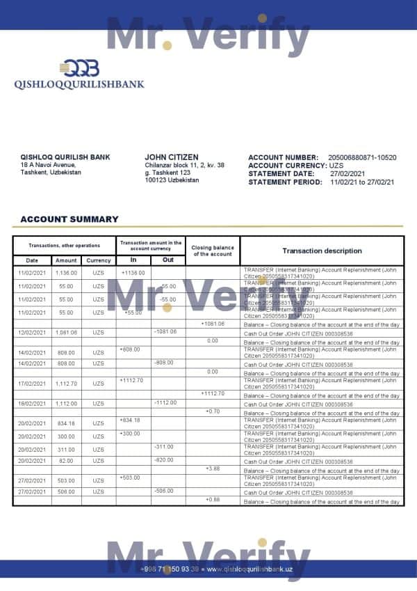 Uzbekistan Qishloq Qurilish Bank statement template in Word and PDF format