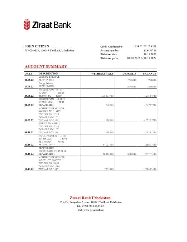 Uzbekistan Ziraat Bank statement, Excel and PDF format