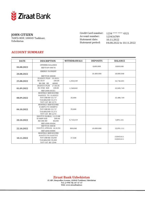 Uzbekistan Ziraat Bank statement template in Word and PDF format