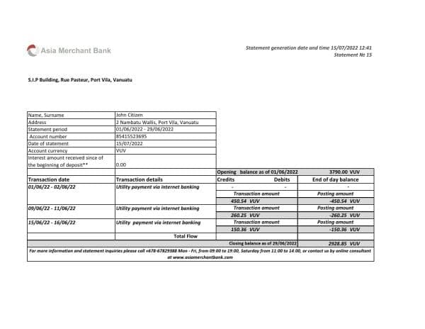 Vanuatu Asia Merchant bank statement, Excel and PDF format