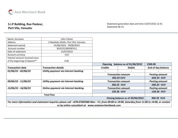 Vanuatu Asia Merchant bank statement template in Word and PDF format