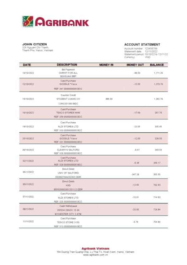 Vietnam Agribank bank statement template in Word and PDF format