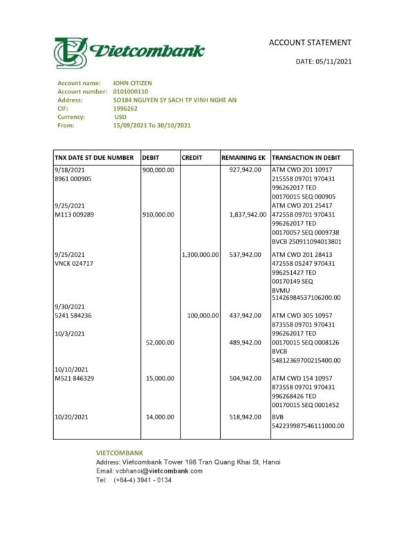 Vietnam Vietcombank bank statement easy to fill template in .xls and .pdf file format
