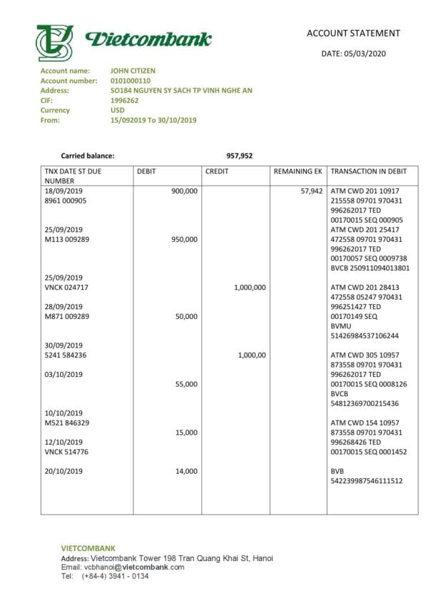 Vietnam Vietcombank proof of address statement template in Word and PDF format, .doc and .pdf format