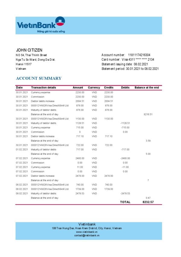 Vietnam Vietinbank bank statement template in Excel and PDF format