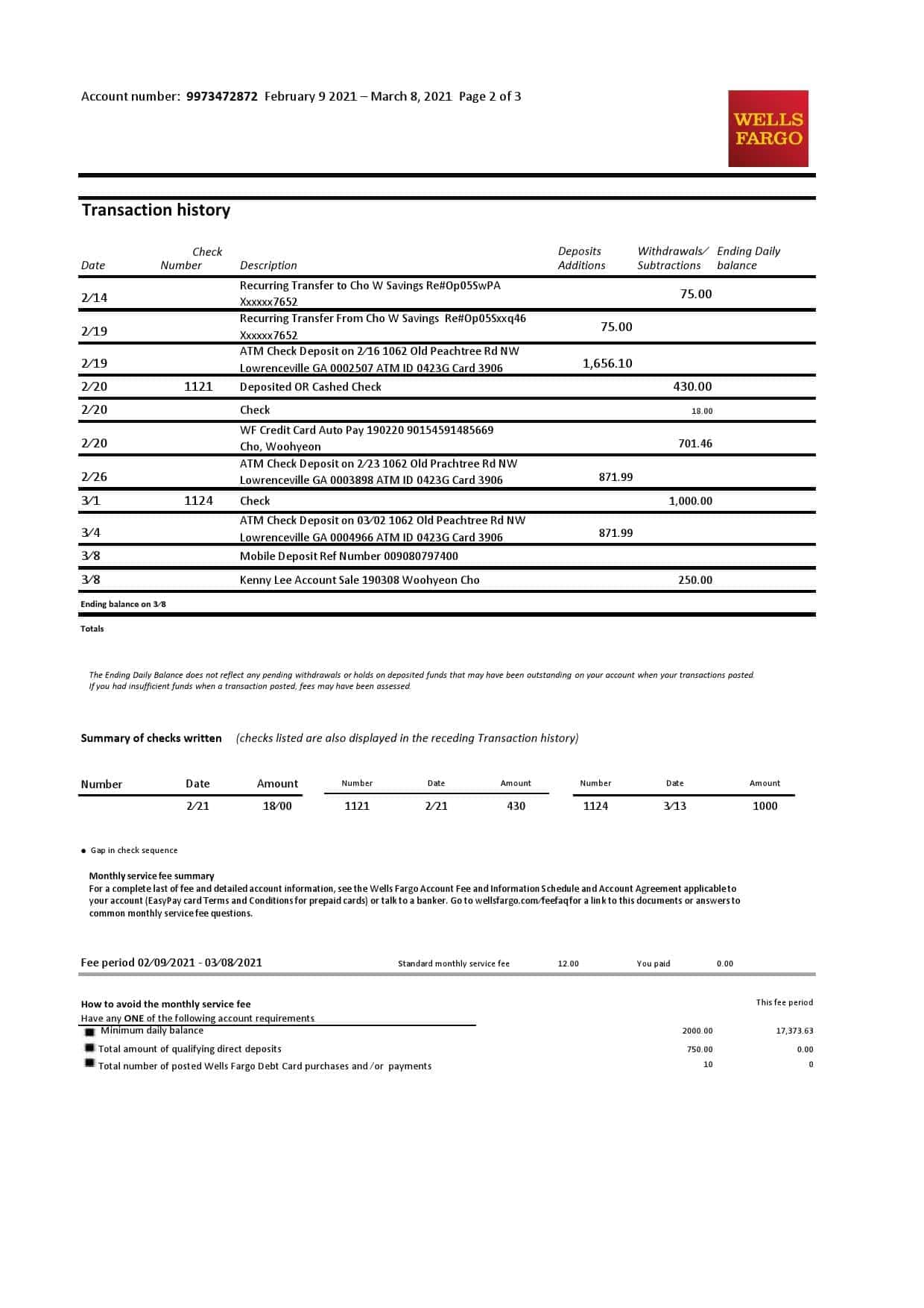Wells-Fargo-3-p_000002.jpg USA Wells Fargo bank statement template in .xls and .pdf file format, 3 pages - Image 2