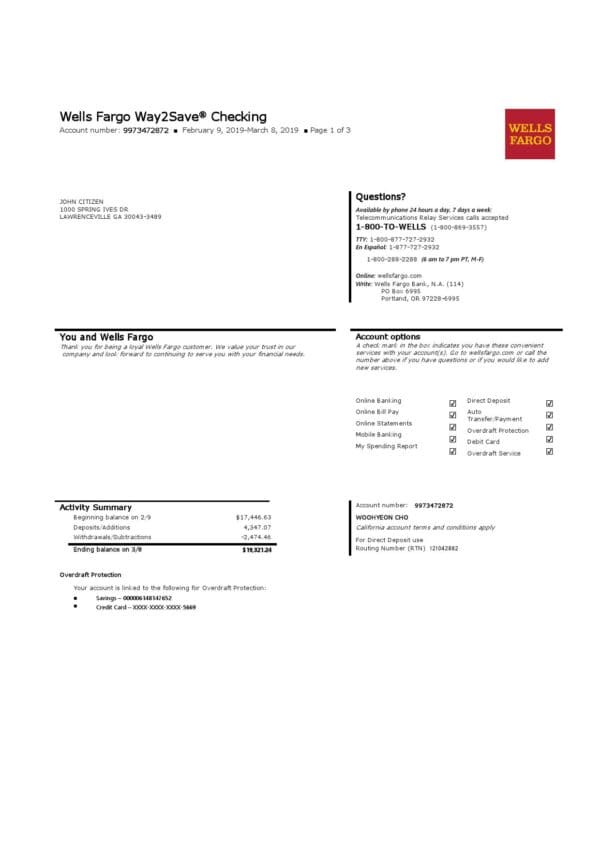 USA Wells Fargo bank statement template in Word and PDF format, 3 pages