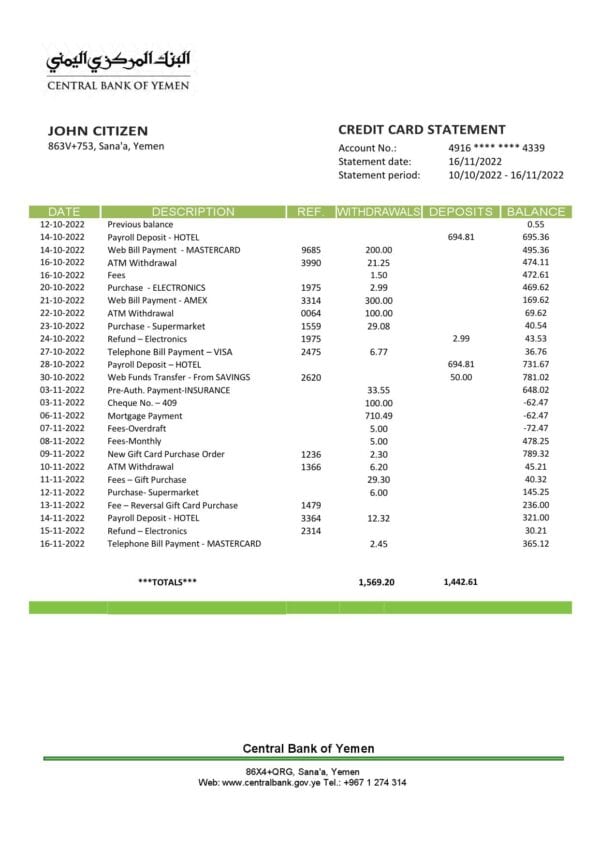 Yemen Central Bank of Yemen bank statement Word and PDF template