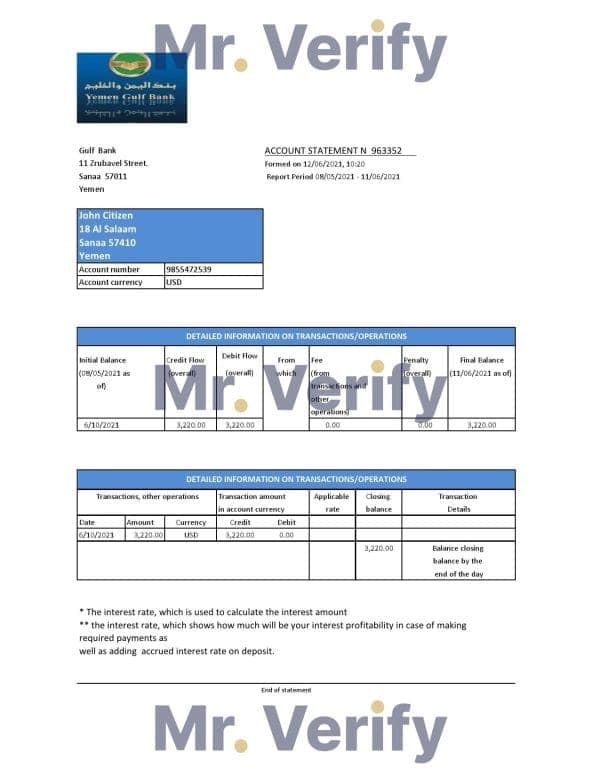 Yemen Gulf Bank statement template in Excel and PDF format