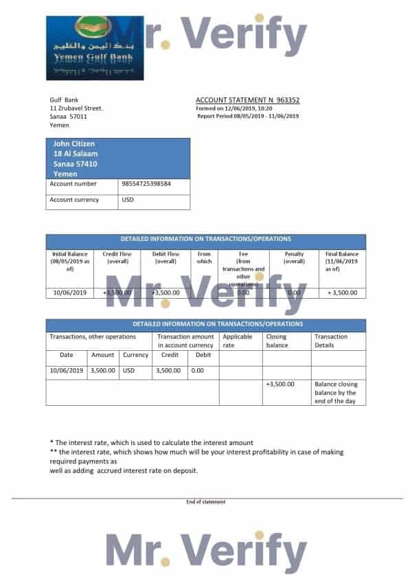 Yemen Gulf bank statement template, Word and PDF format (.doc and .pdf)