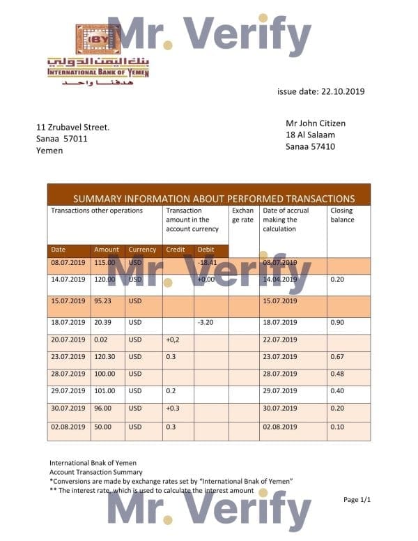 Yemen International bank of Yemen proof of address bank statement template in Word and PDF format