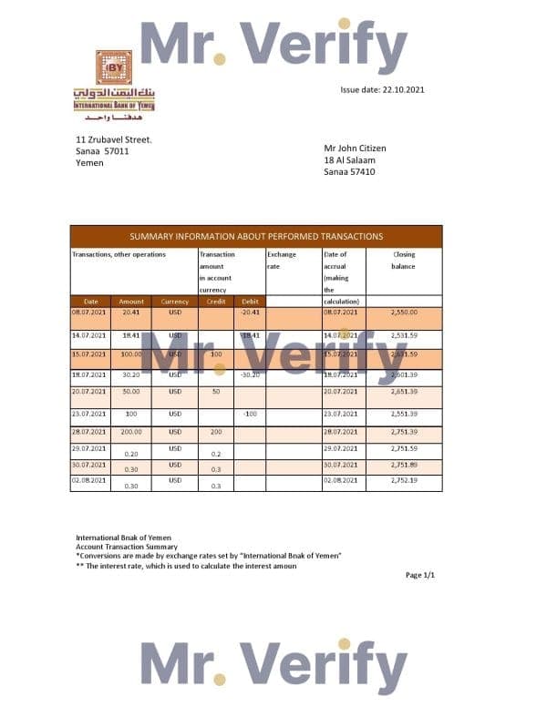 Yemen International bank statement template in .xls and .pdf file format
