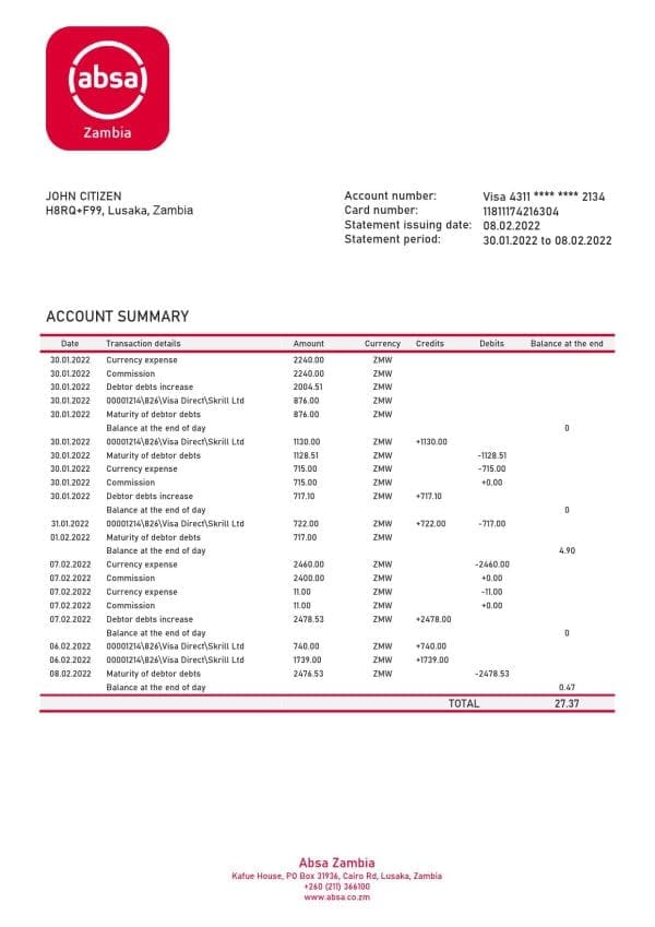Zambia Absa bank statement template in Word and PDF format