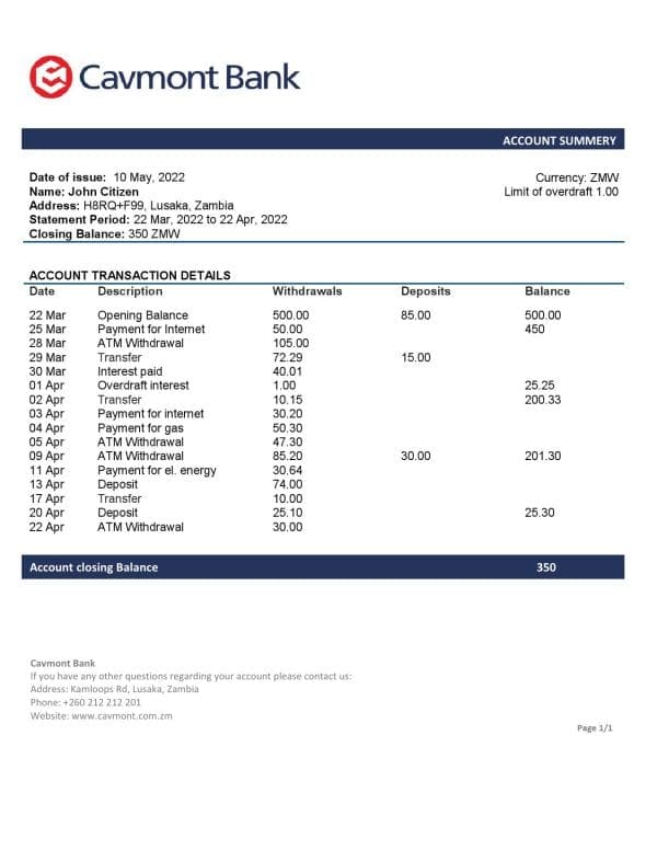 Zambia Cavmont bank statement template in Word and PDF format