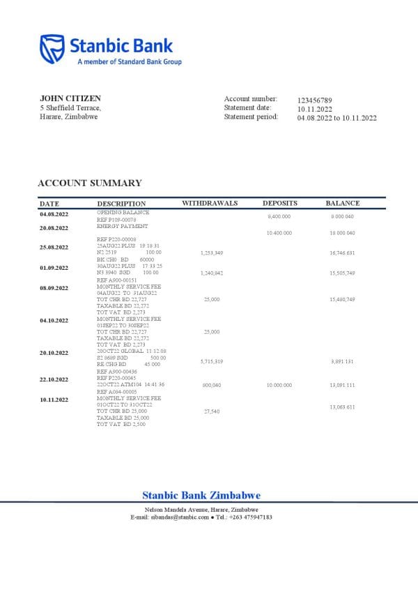 Zimbabwe Stanbic Bank statement template in Word and PDF format