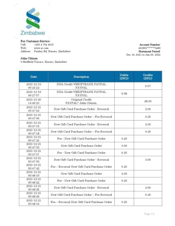 Zimbabwe Standard Chartered Bank statement template in Word and PDF format