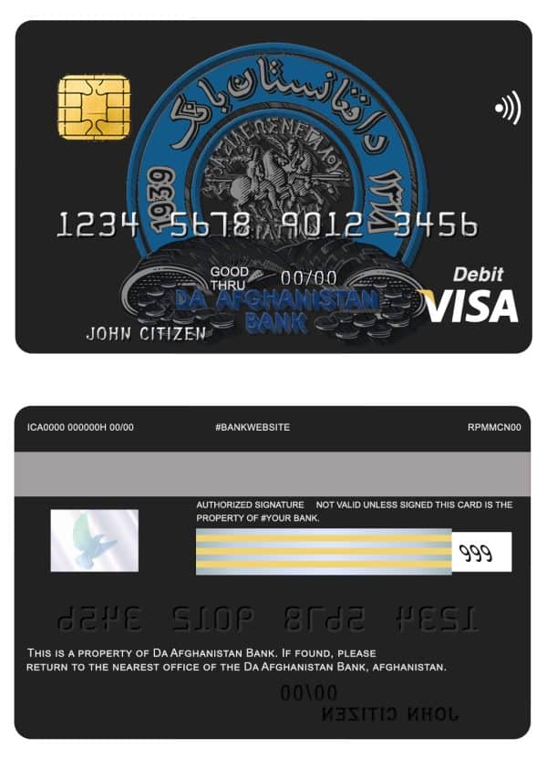 Editable Afghanistan Da bank debit visa card Templates