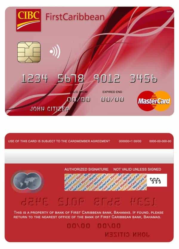 Editable Bahamas First Caribbean bank mastercard credit card Templates