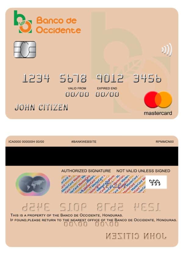 Editable Honduras Banco de Occidente mastercard Templates
