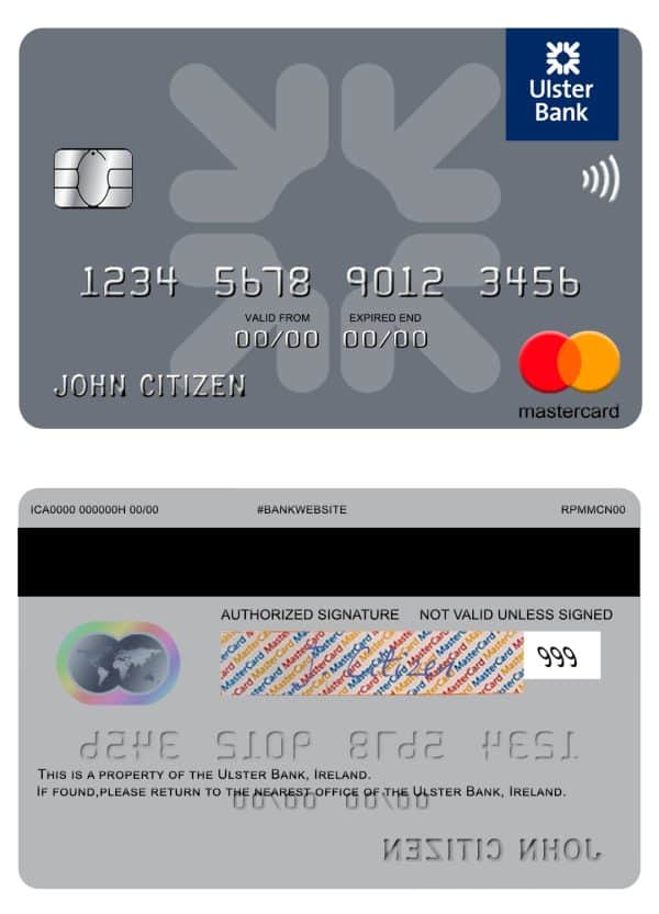 Editable Ireland Ulster Bank Ireland mastercard Templates