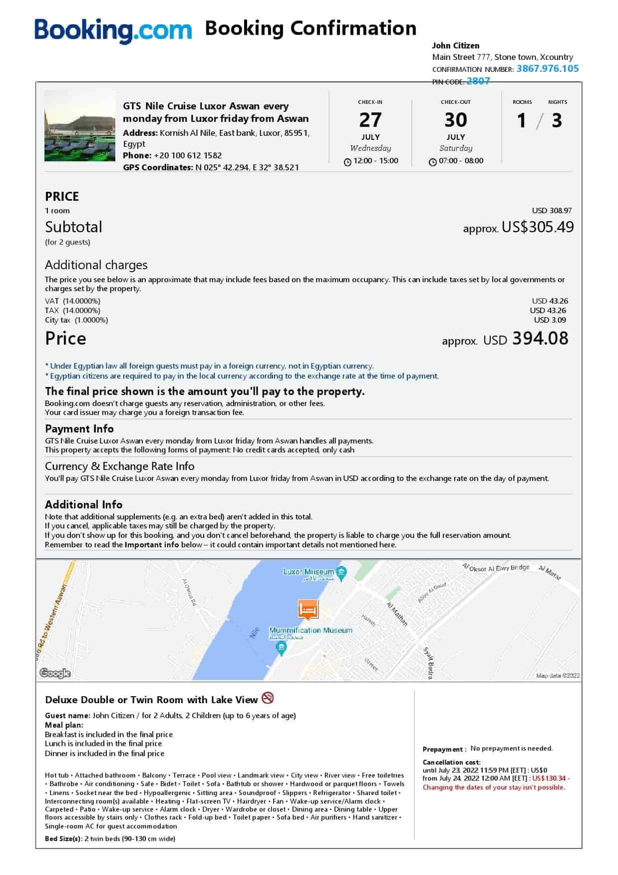 Egypt hotel booking confirmation Word and PDF template, 2 pages Egypt hotel booking confirmation Word and PDF template, 2 pages