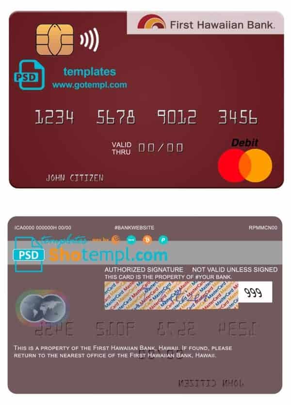Editable Hawaii First Hawaiian Bank mastercard Templates