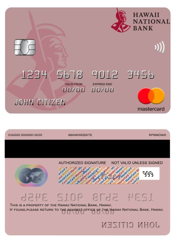 Editable Hawaii National Bank mastercard Templates