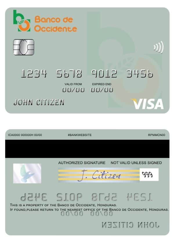 Fillable Honduras Banco de Occidente visa card Templates