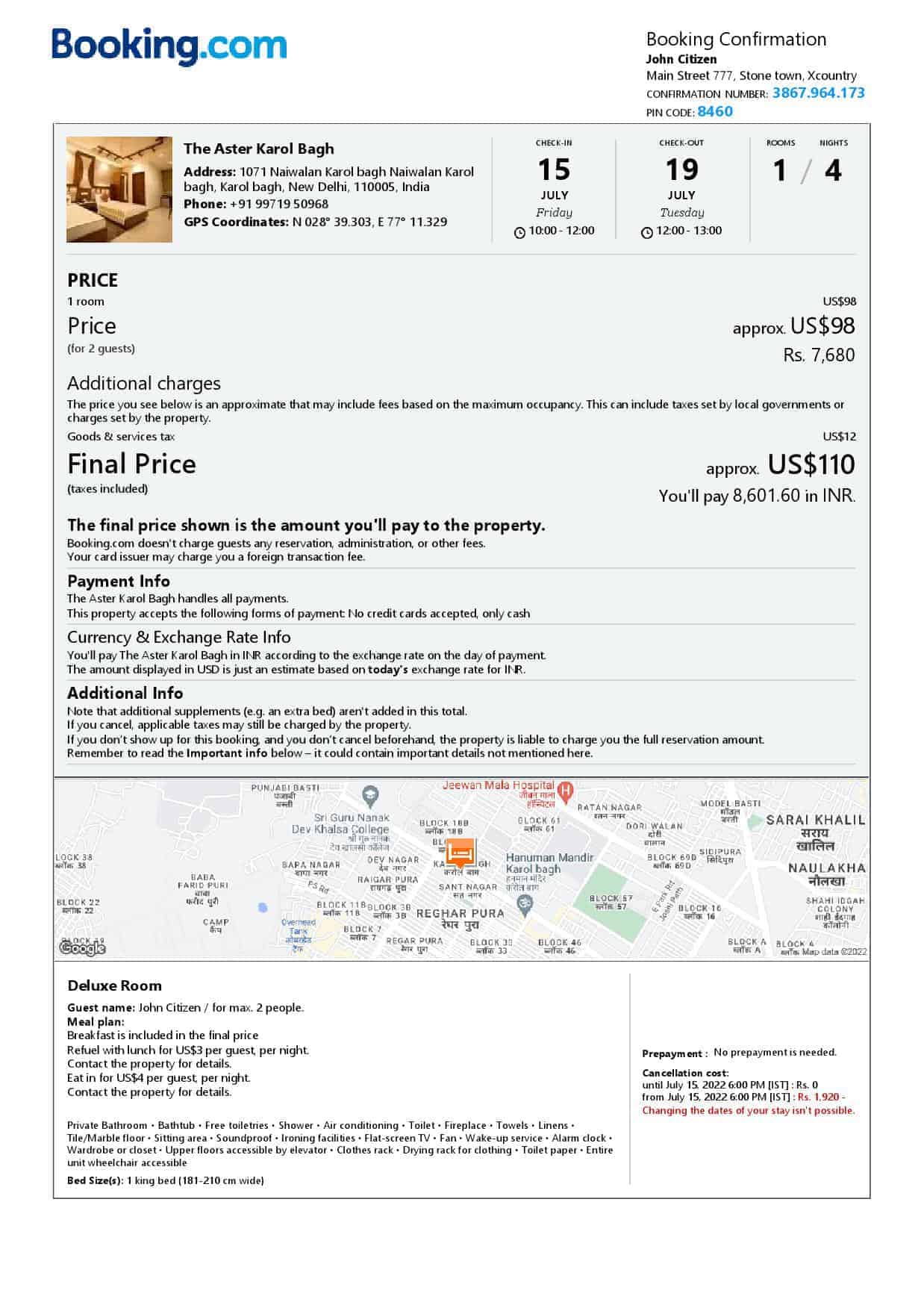 India hotel booking confirmation Word and PDF template, 2 pages India hotel booking confirmation Word and PDF template, 2 pages