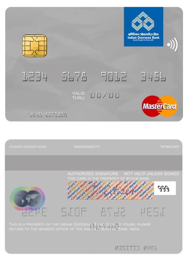 Editable India Indian Overseas Bank mastercard Templates