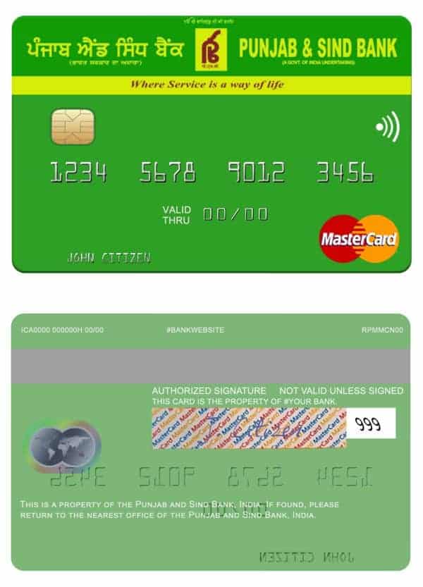 Editable India Punjab and Sind Bank mastercard Templates