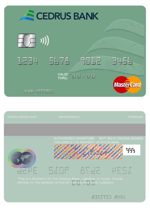 Editable Lebanon Cedrus Bank mastercard Templates