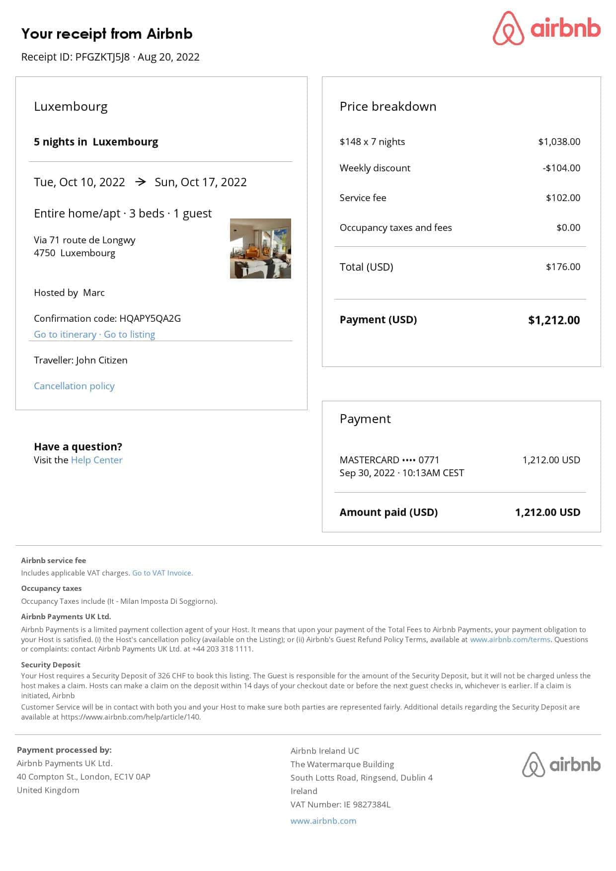 Luxembourg Airbnb booking confirmation Word and PDF template Luxembourg Airbnb booking confirmation Word and PDF template