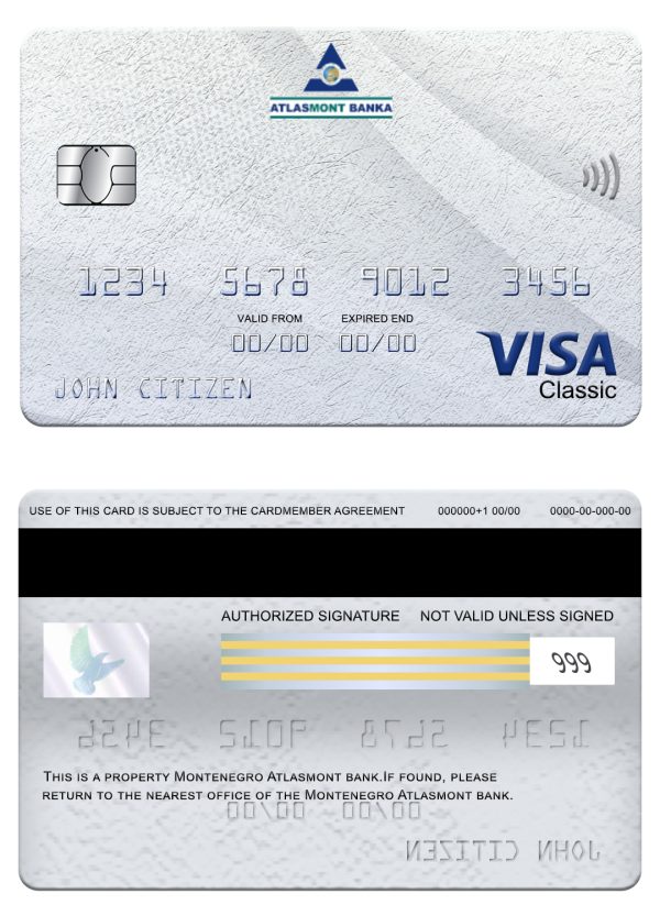 Montenegro Atlasmont bank visa classic card Editable Montenegro Atlasmont bank visa classic card Templates